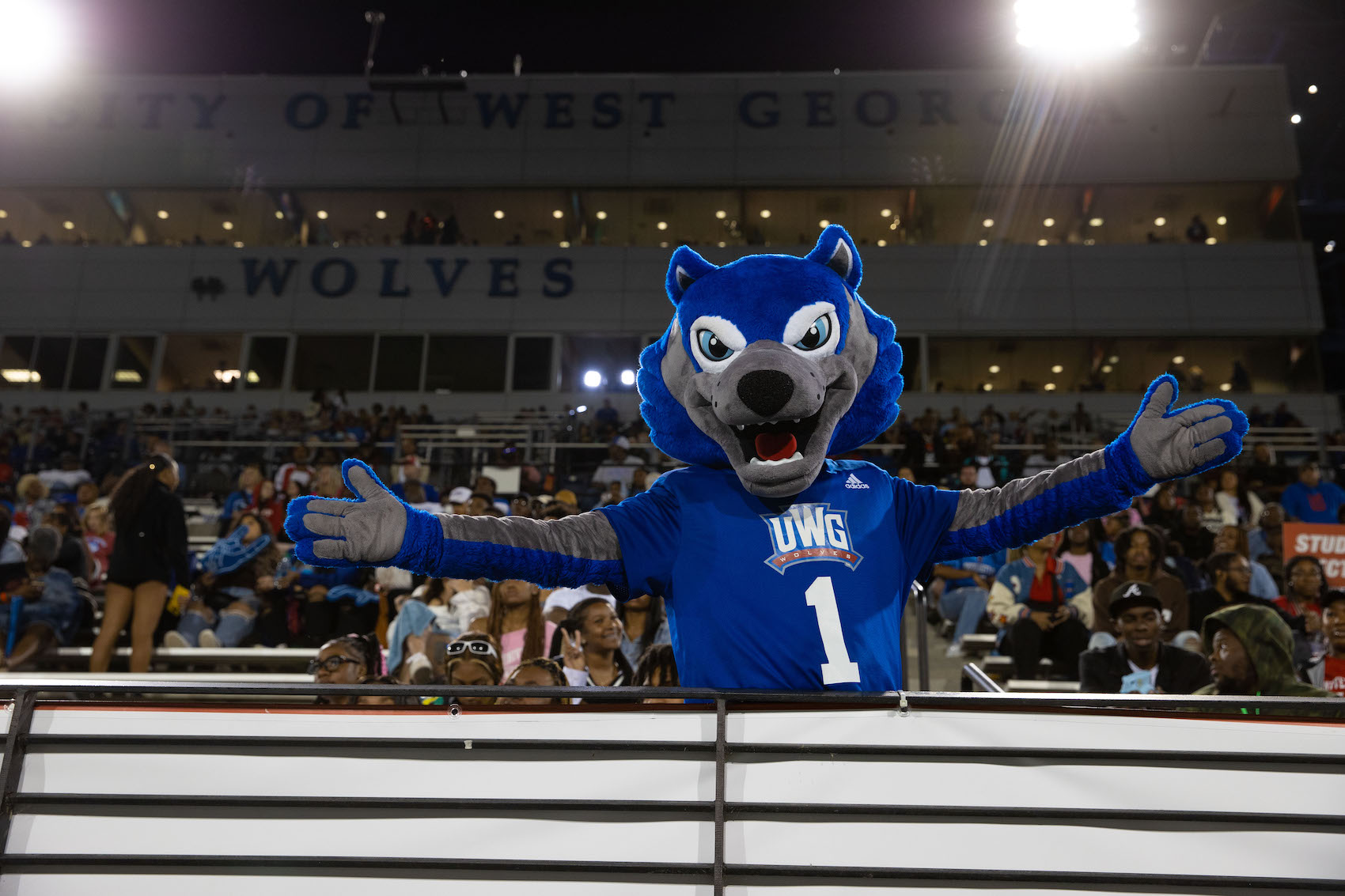 Homecoming Game at University Stadium with Wolfie sporting his Homecoming crown.