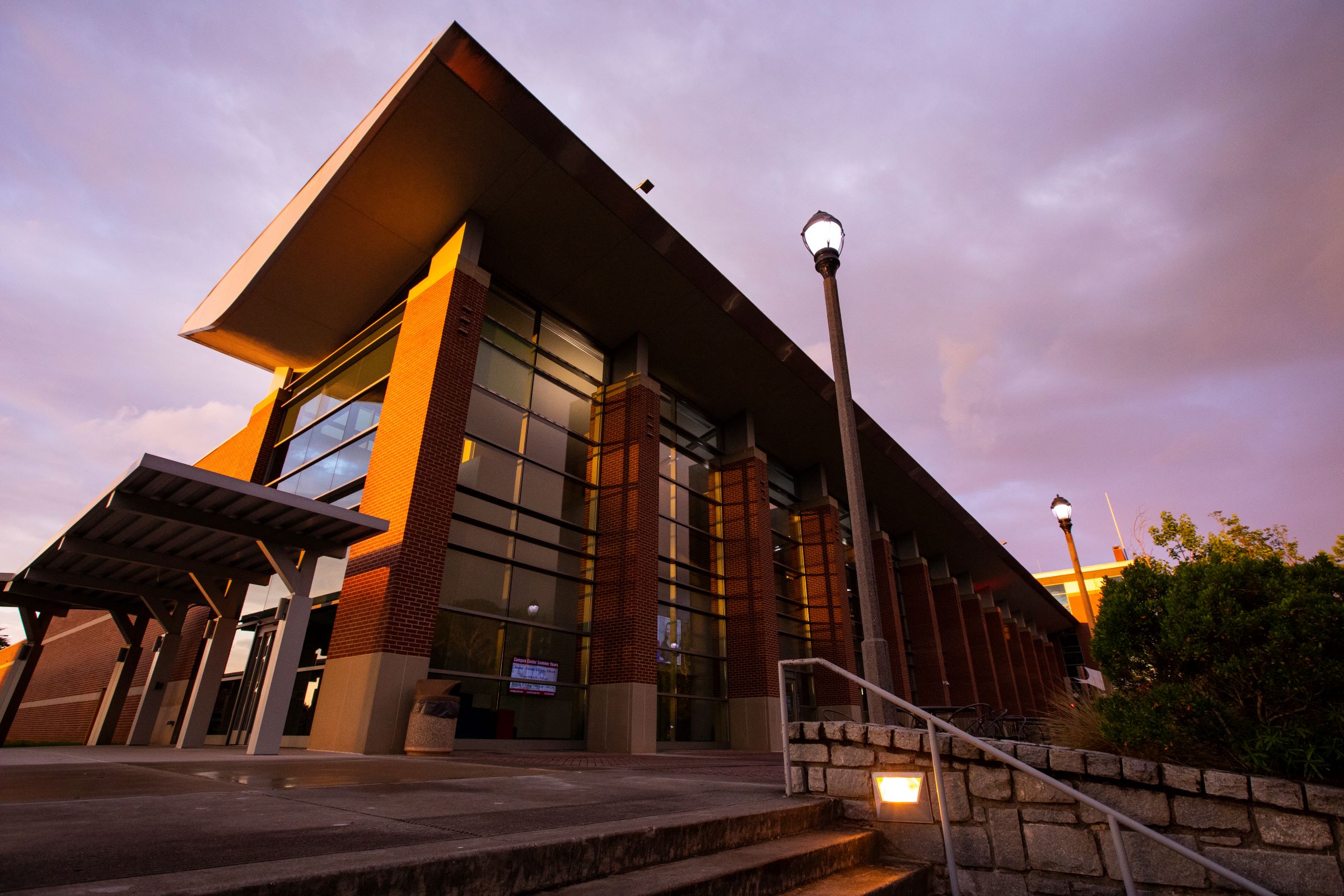 Campus Center exterior at sunset.