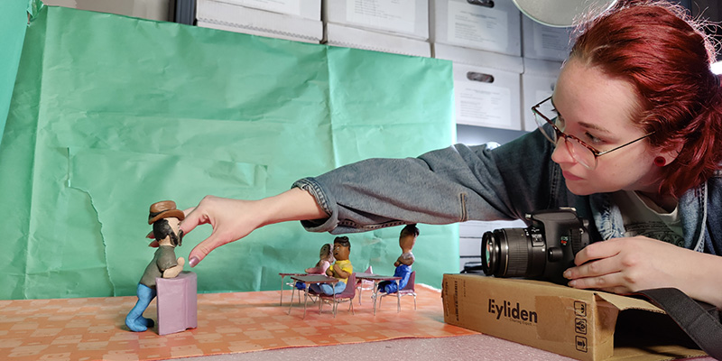 student shooting stop-motion set